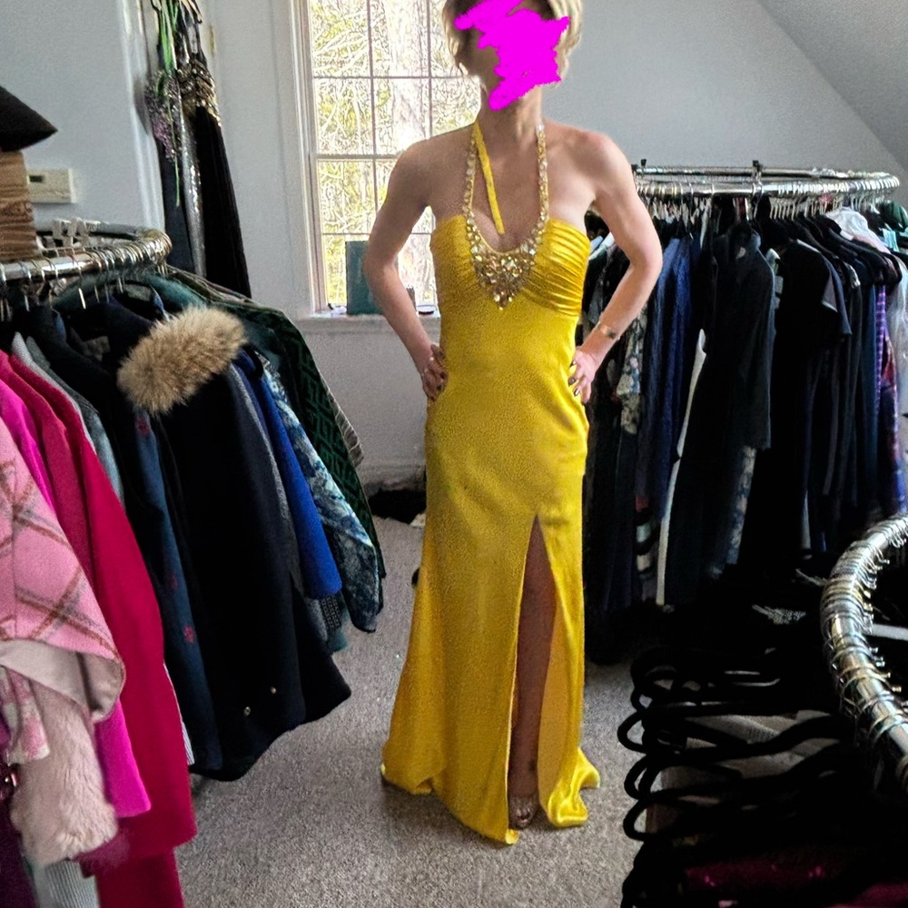 Yellow Halter Evening Gown with Front Slit
